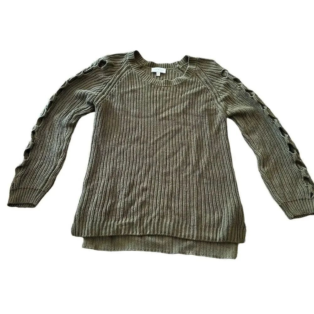 Lucky Brand Sweater Size XS Green Crew Neck Sleeve Cut Out Detail Pullover Knit